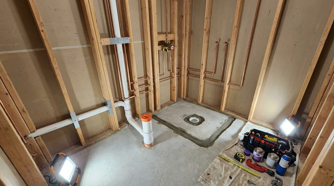 Bathroom rough-in plumbing during remodel by Johns Plumbing LLC in Bolinas