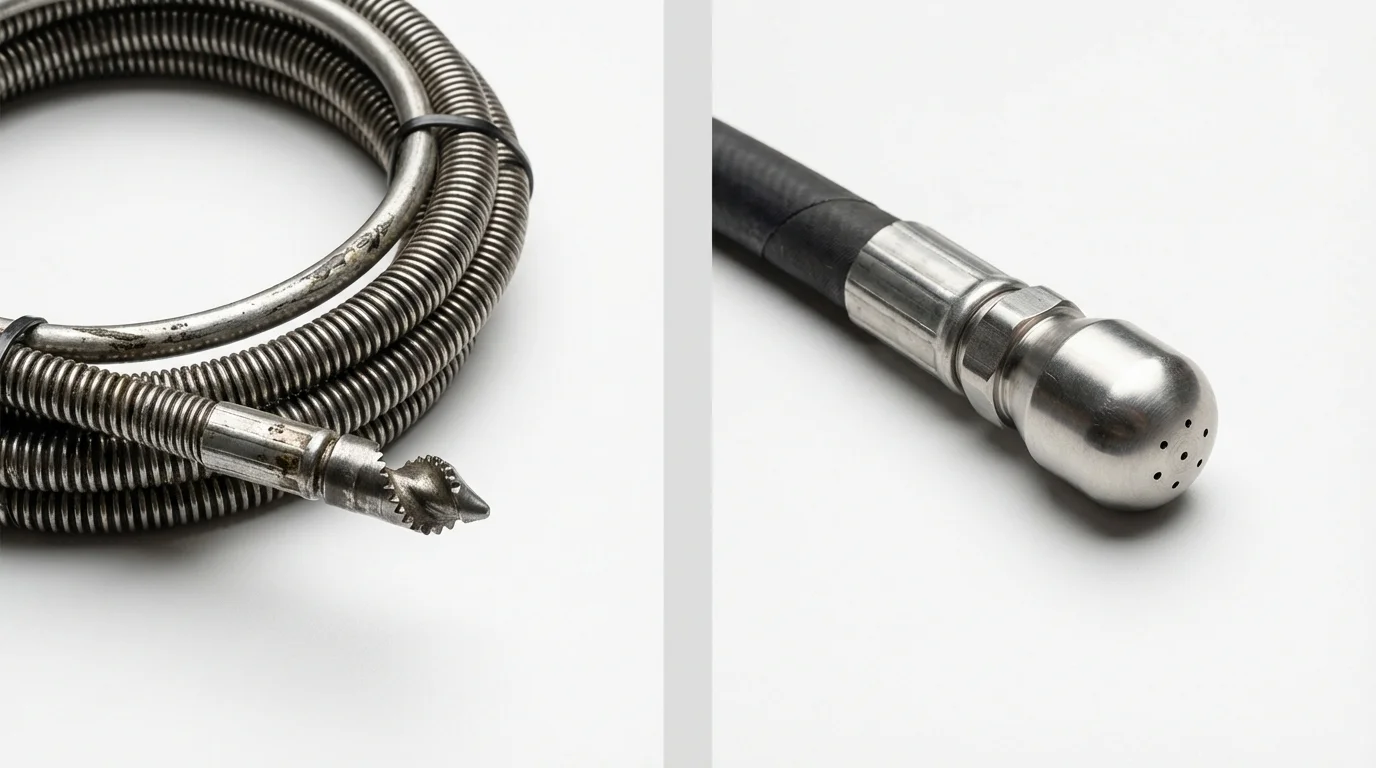 Drain snake cable and hydro jetting nozzle used for drain cleaning in Bolinas, CA