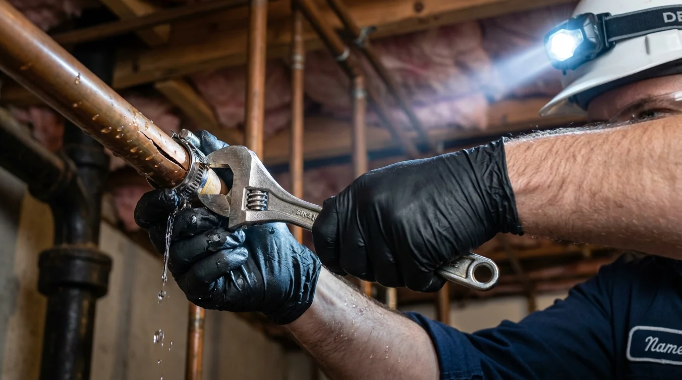 Emergency pipe clamp repair being performed by a Johns Plumbing LLC plumber in Bolinas