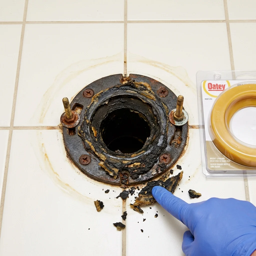 Failed wax ring showing water seepage at the base of a toilet in a Bolinas, CA home