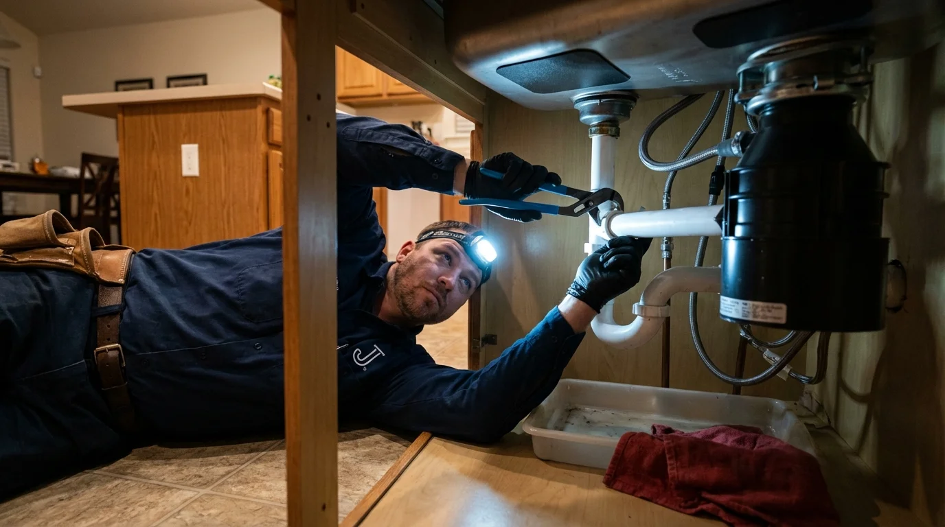 P-trap and supply line connections under a kitchen sink showing a common leak point in Bolinas, CA